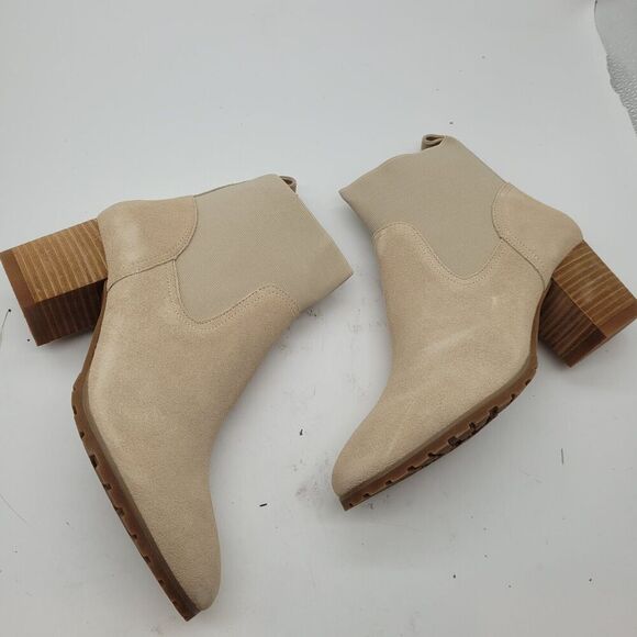 New Beige Leather ankle Boots Violet & Red Loaded Stacked Heel Neutral Size 8.5 - Picture 4 of 9